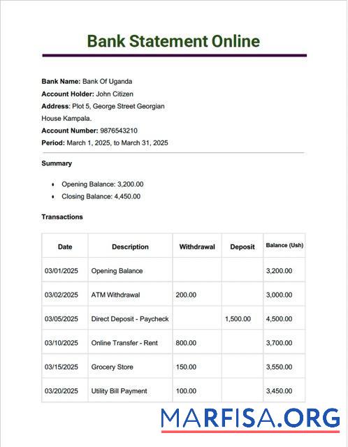 Printable Uganda Bank of Uganda bank statement word download for verification